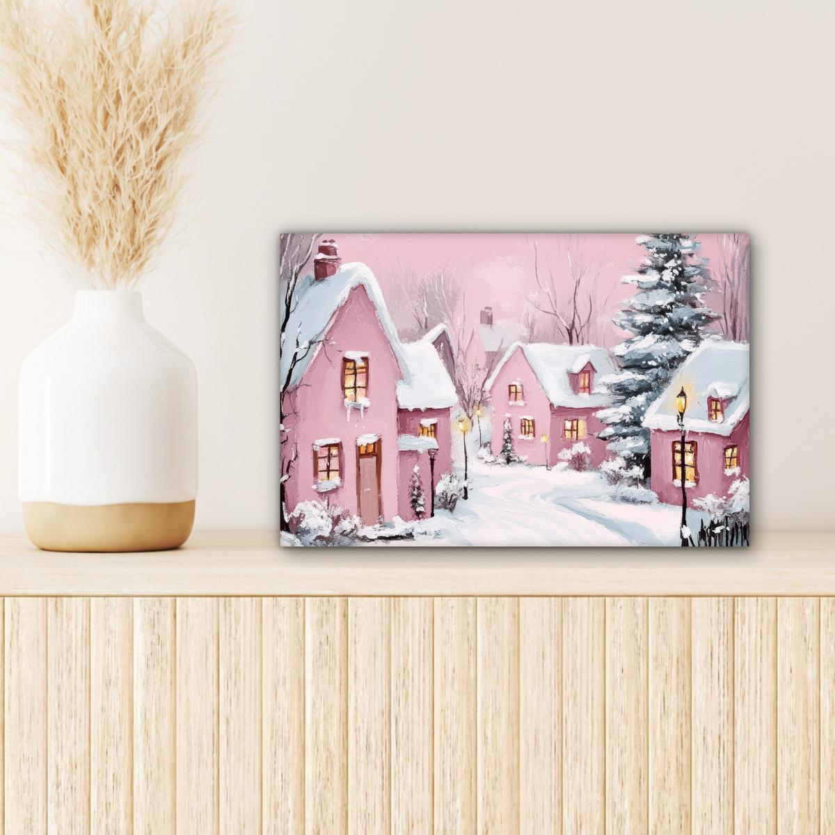 LEINWANDBILD Weihnachtsdorf - Rosa - Winter - Schnee - Häuser Deko Schlafzimmer 30x20 cm - Altrosa, Textil (30/20cm) - MuchoWow