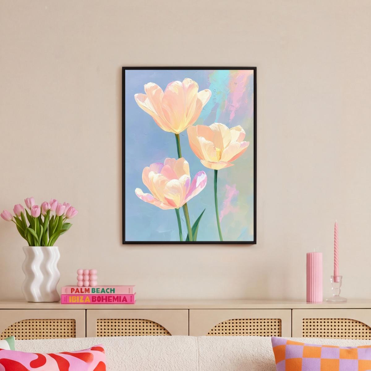 LEINWAND Bilder mit Rahmen - Tulpen - Rosa Akzente - Blau - 60x80 - Pastellblau, Textil (60/80cm) - MuchoWow