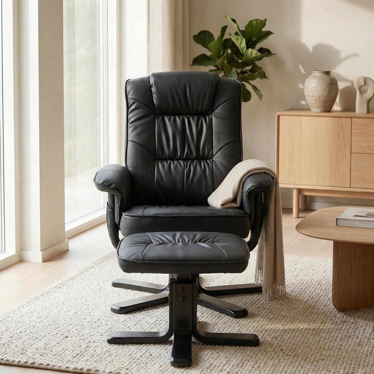 RELAXSESSEL KUNSTLEDER, SET MIT HOCKER CHARLY schwarz/schwarz - Schwarz, Textil (76/87/61cm) - IDIMEX