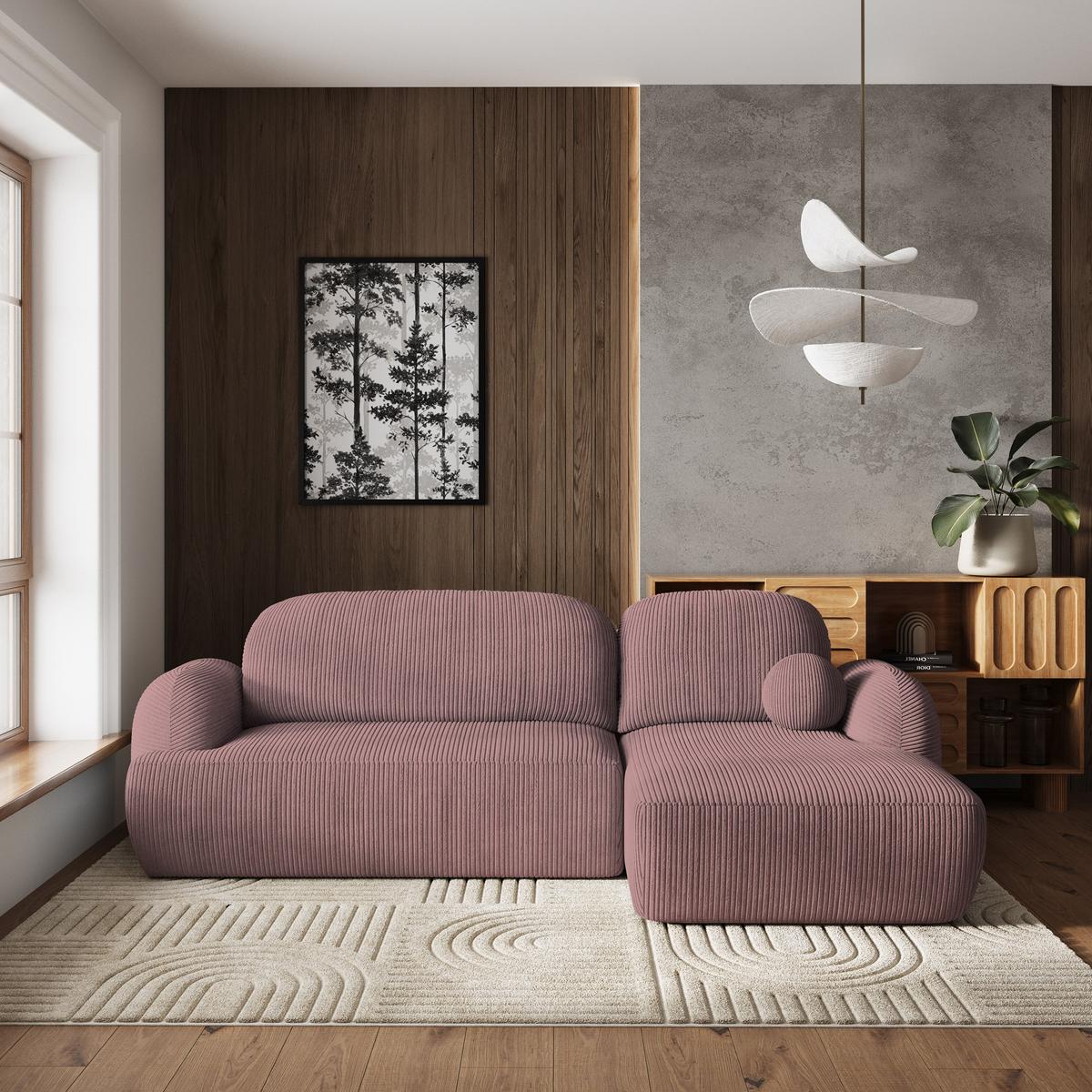 ECKSOFA MODENZA P R-S Lila Kordstoff mit Schlaffunktion - Lila/Schwarz, Holz/Kunststoff (266/148cm) - MASSENO