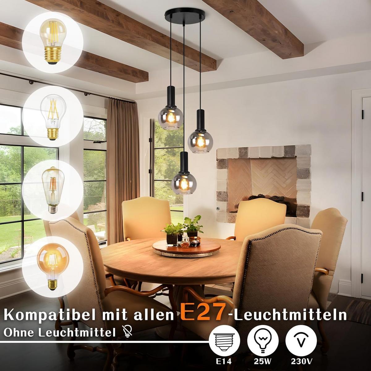HÄNGELEUCHTE Vossq 22/13/145 cm - Schwarz, Glas/Metall (22/13/145cm) - ZMH