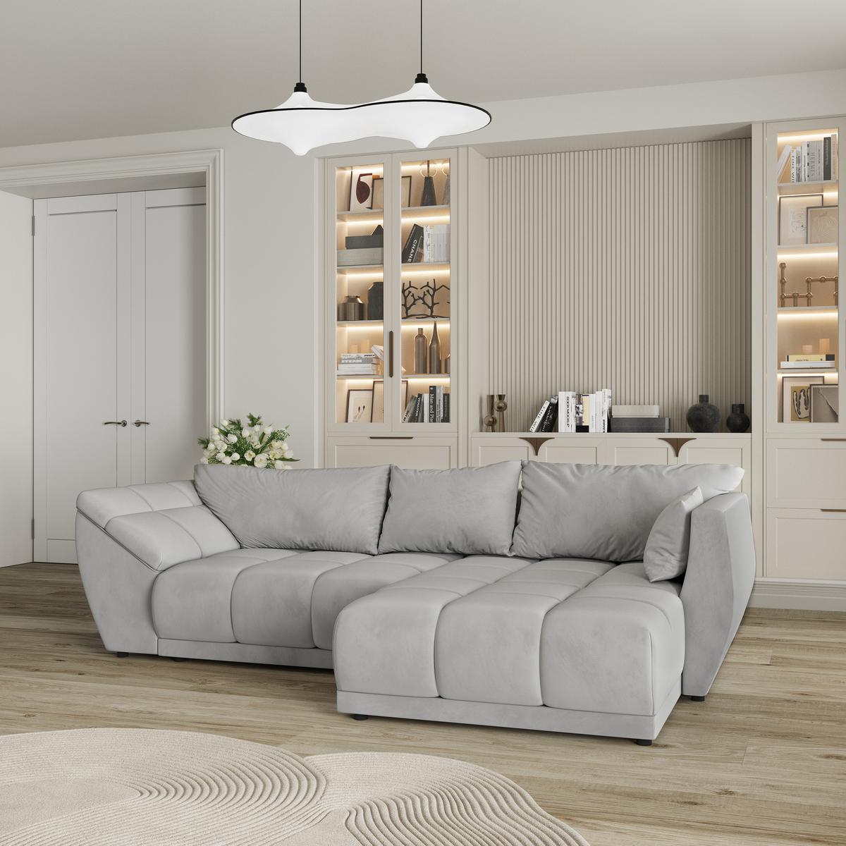 ECKSOFA ORENTI R-S Hellgrau Velours-Stoff mit Schlaffunktion - Hellgrau, Holz (287/182cm) - MASSENO