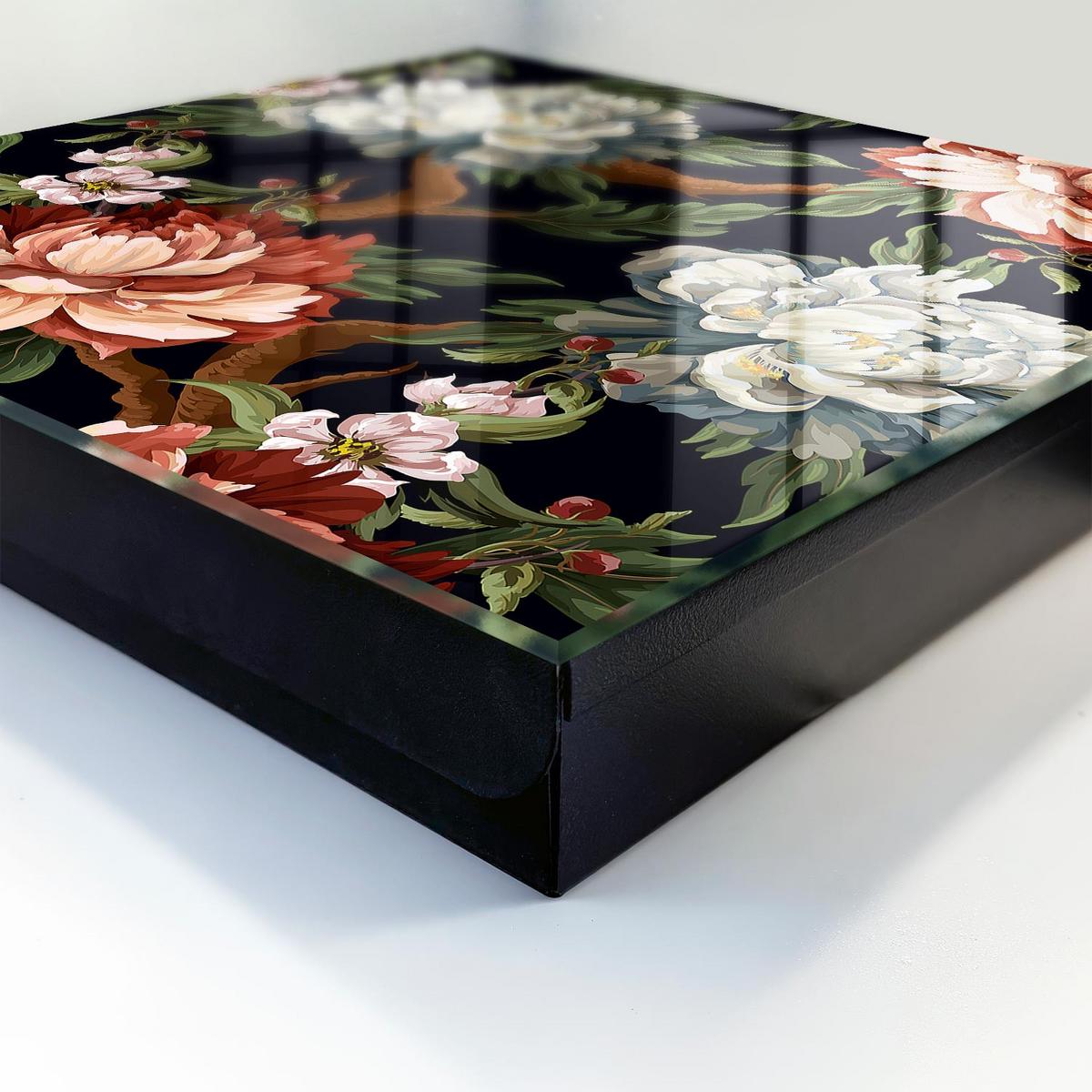 SCHLÜSSELBOX Schwarz 30x30 cm- Türöffnung nach rechts - Blumen der Natur - Grün, Metall (30/30/5cm) - TULUP