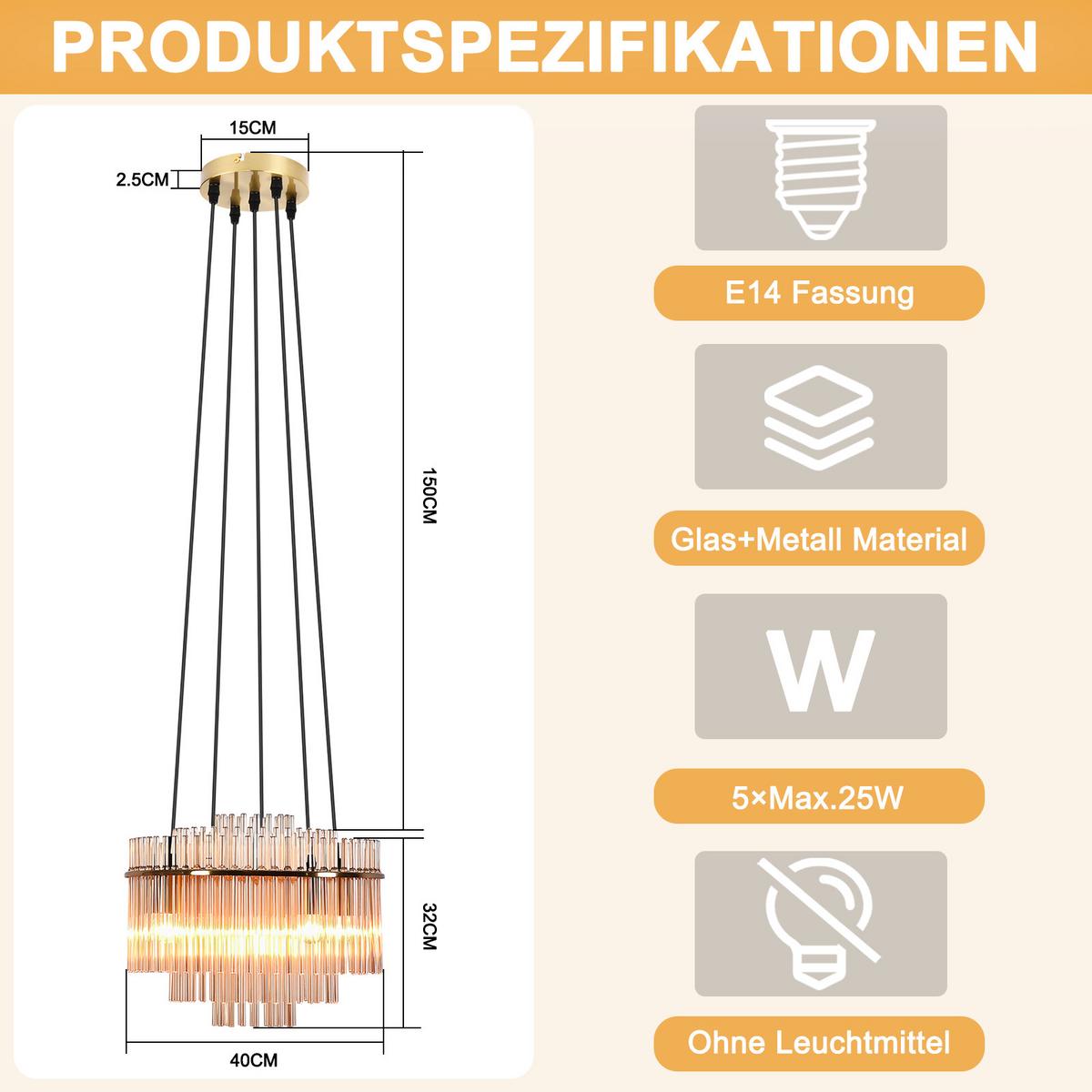PENDELLEUCHTE Thomas 15/40/150 cm - Goldfarben, Glas (15/40/150cm) - ZMH