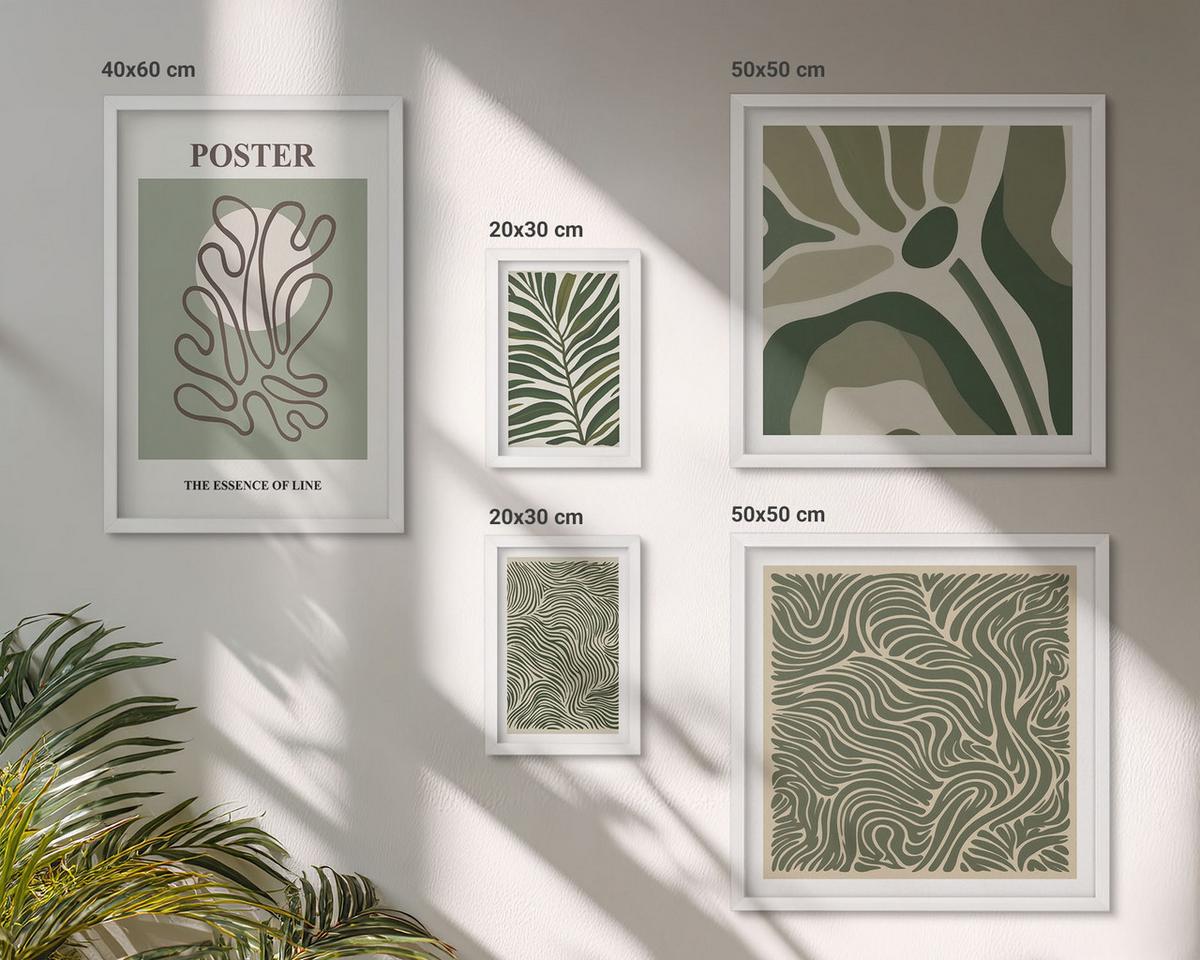 BILDER SET 5er Set - 50x50 cm & 20x30 cm & 40x60 cm Weißer Rahmen - Blattmuster und wellenförmige Formen - Weiß, Kunststoff (40/60cm) - TULUP