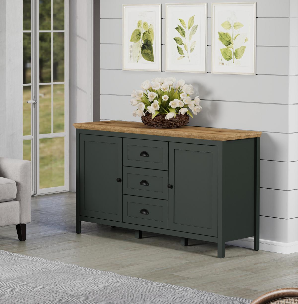 SIDEBOARD grün, Evoke Eiche Landhaus 146 x 86 cm, Kommode für Wohn- und Esszimmer - Eichefarben/Schwarz, Holzwerkstoff/Kunststoff (146/86/45cm) - Top.Furn
