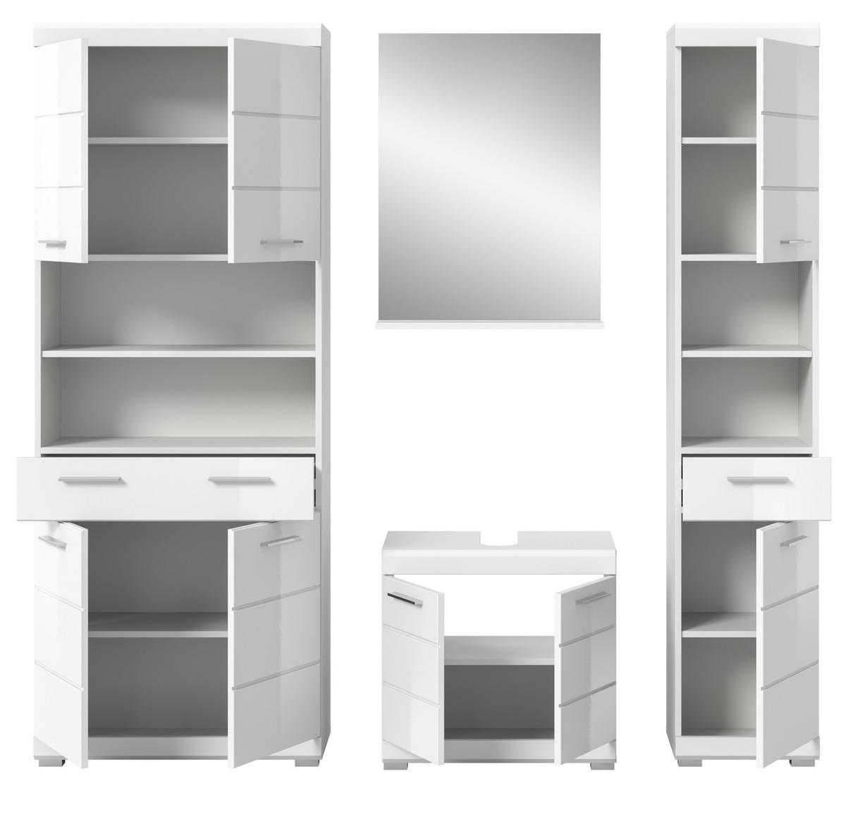 BADMÖBEL-SET weiß Hochglanz 4-teilig 200 cm, Komplettset mit viel Stauraum - Weiß Hochglanz, Glas/Holzwerkstoff (186/191/34cm) - Inn.Furn