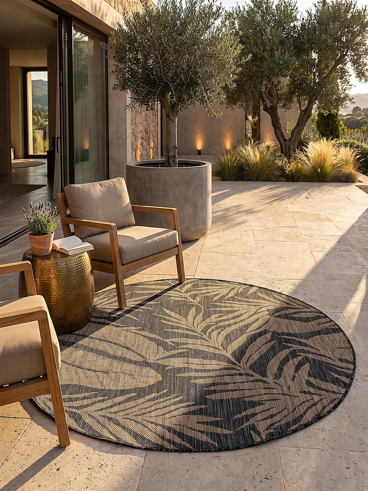 TEPPICH Flachgewebe, Outdoor, Fußbodenheizung-geeignet, mit Blattmotiv, VIGOLENO in Schwarz-Beige, Ø 120 cm - Schwarz, Textil (120/120cm) - KADIMA DESIGN