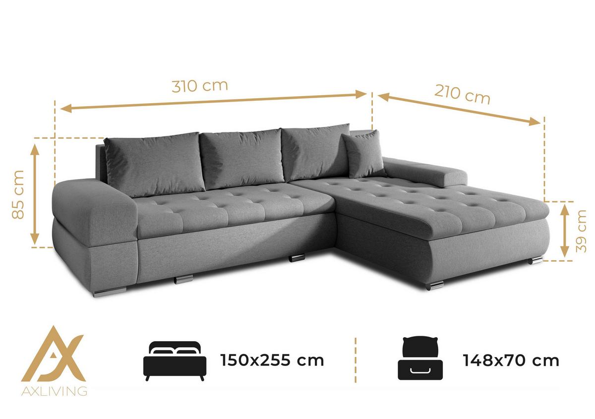 ECKSOFA L Form Sivaso Braun 310/210/85 cm – mit Schlaffunktion und Bettkasten - Hellbraun/Silberfarben, Textil/Metall (310/210cm) - AX Living