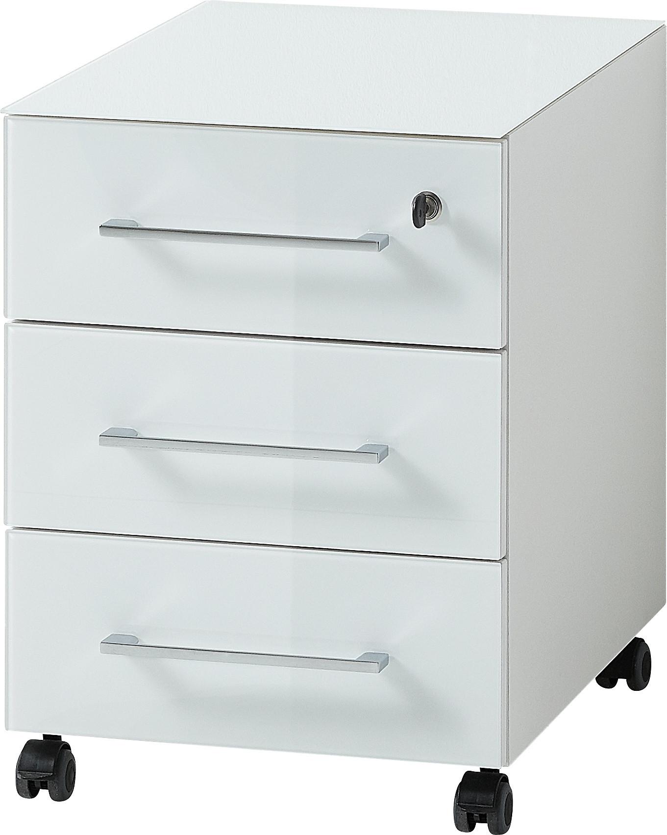 ROLLCONTAINER Glasfront 3 Schubladen Soft-Close & Abschließbar, Serie "Muenchen" Weiß - Weiß, Holzwerkstoff/Metall (40/55/50cm) - KADIMA DESIGN
