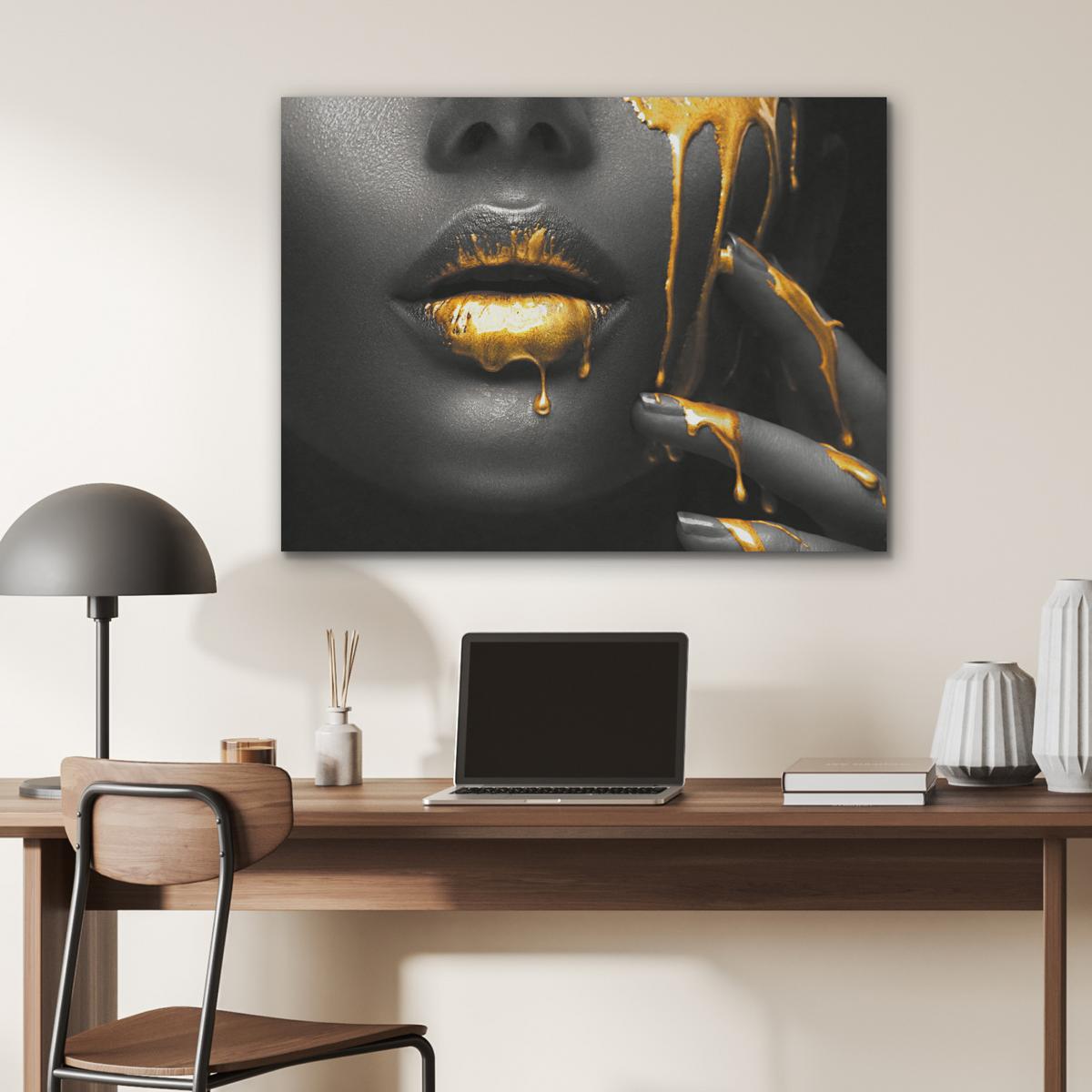 AKUSTIKBILD Frau - Schwarz - Gold - Gesicht - Lippen Gemälde 80x60 cm - Goldfarben, Kunststoff (80/60/0.9cm) - MuchoWow