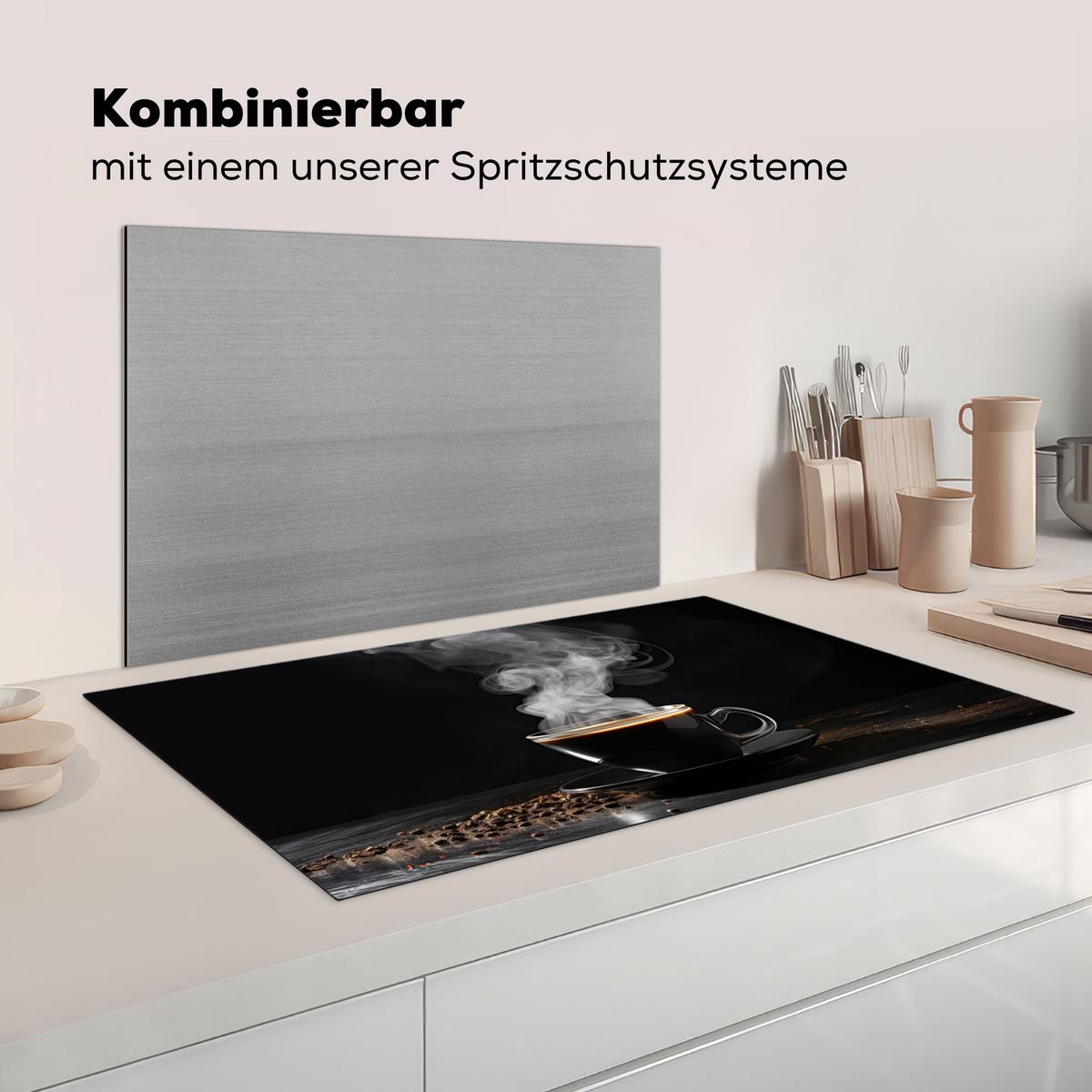 HERDABDECKPLATTE Kaffee - Schwarz - Bohnen - Heiß - Tasse Ceranfeldabdeckung 90x52 cm - Schwarz, Kunststoff (90/52/0.2cm) - MuchoWow