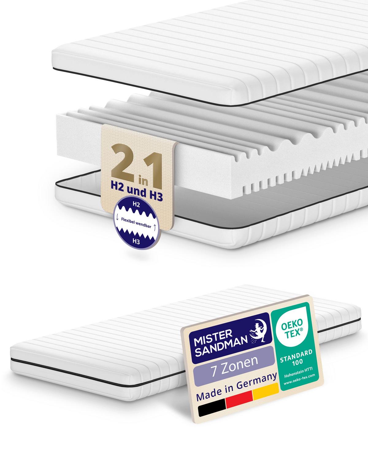 WENDEMATRATZE H2 H3 90x200 cm – 7 Zonen Kaltschaummatratze ca. 15 cm – Jugendmatratze & Alltagsmatratze mit waschbarem Bezug - Weiß, Textil (90/200cm) - Mister Sandman