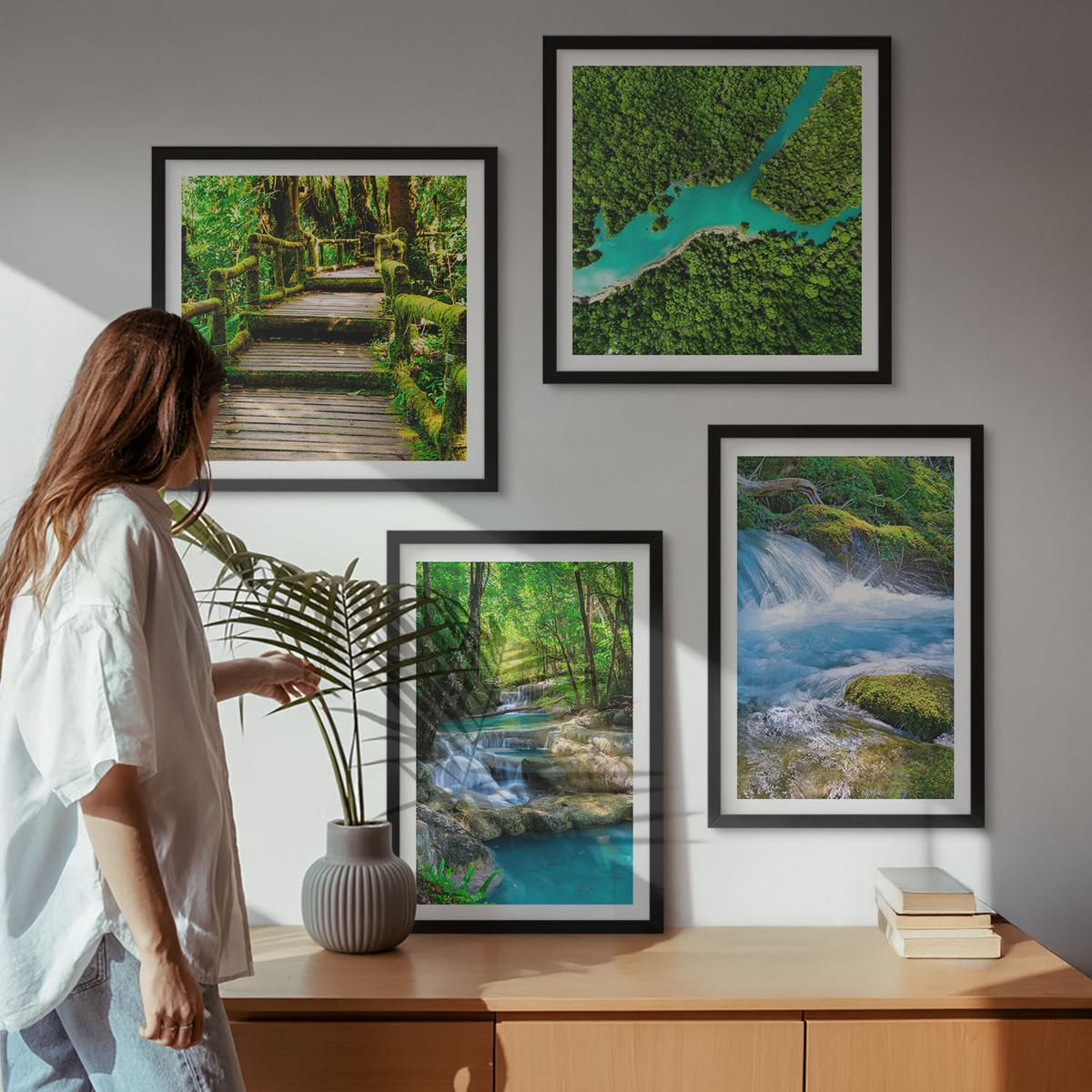 BILDER SET 4er Set - 50x50 cm & 40x60 cm Schwarzer Rahmen - Grüne Wälder, kristallklares Wasser - Schwarz, Kunststoff (50/50cm) - TULUP