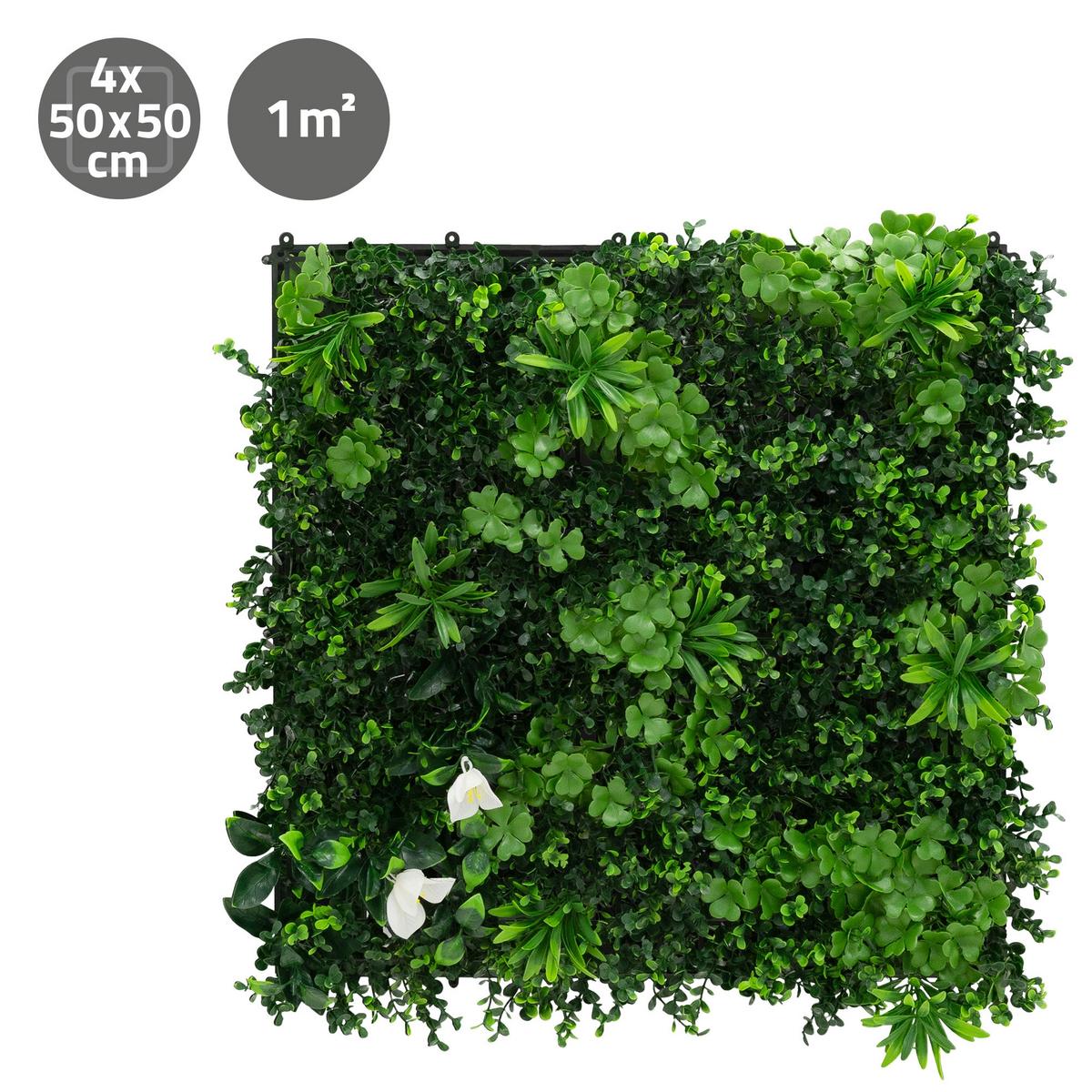 KÜNSTLICHE PFLANZENWAND 4er Set 50x50 cm Kunstpflanzen Wand Innen Aussen Grün White Jasmine - Weiß/Grün, Kunststoff (50/50/8cm) - ECD-Germany