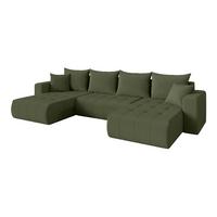 WOHNLANDSCHAFT mit Schlaffunktion und Bettkasten MILA-U 378x194x86 Grün Bouclé - Schwarz/Olivgrün, Holzwerkstoff/Kunststoff (378/86/194cm) - ALTDECOR