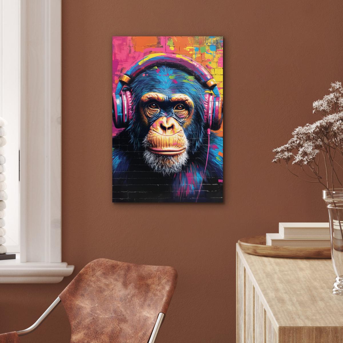METALLBILD Graffiti - Schimpanse - Straßenkunst - Kopfhörer - Affe Deko Schlafzimmer 40x60 cm - Blau, Metall (40/60cm) - MuchoWow