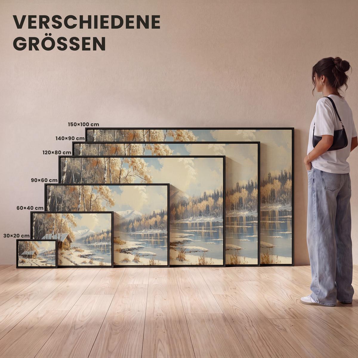 LEINWAND Bilder mit Rahmen - Winter - Schnee - Zuhause - Natur - 90x60 - Hellbraun, Textil (90/60cm) - MuchoWow