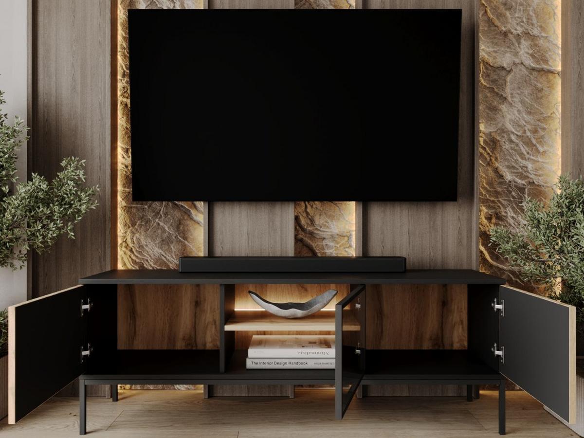 TV-SCHRANK Graphit, Wotan Eichefarben 154 cm Deo - Eiche Wotan/Schwarz, Glas/Naturmaterialien (154/56/39cm) - Graingold