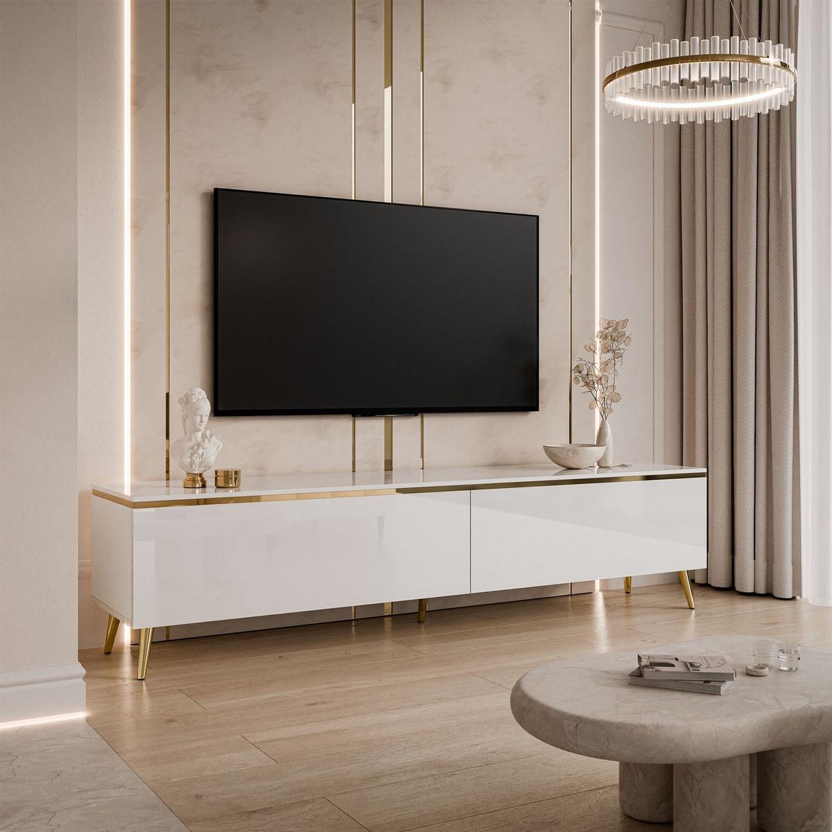 TV-LOWBOARD AURORA Weiß mit schräge Goldchrom Fuße - Weiß Hochglanz/Goldfarben, Holzwerkstoff/Metall (180/45/40cm) - Lookway