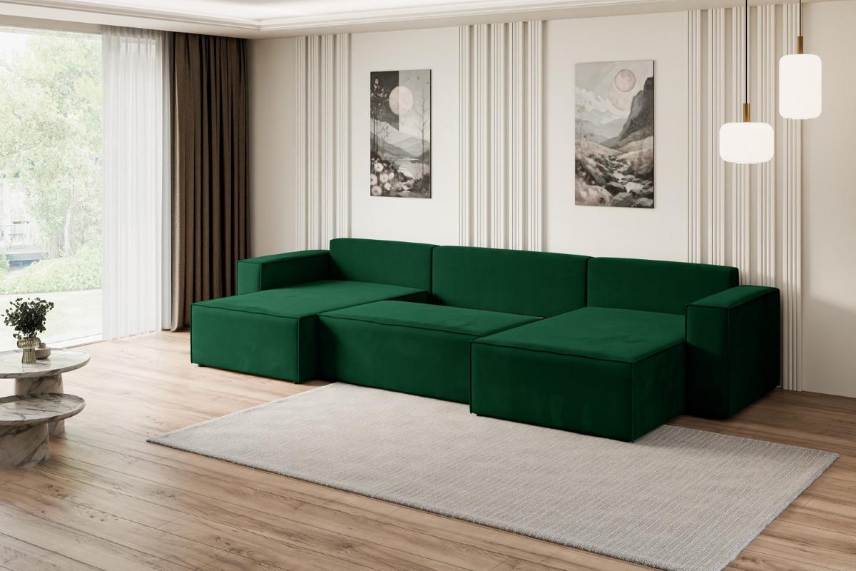 WOHNLANDSCHAFT mit Schlaffunktion und Bettkasten CELTIC-XLU - 377x143x83 cm Grün Velours - Schwarz/Grün, Holzwerkstoff/Kunststoff (377/83/143cm) - ALTDECOR