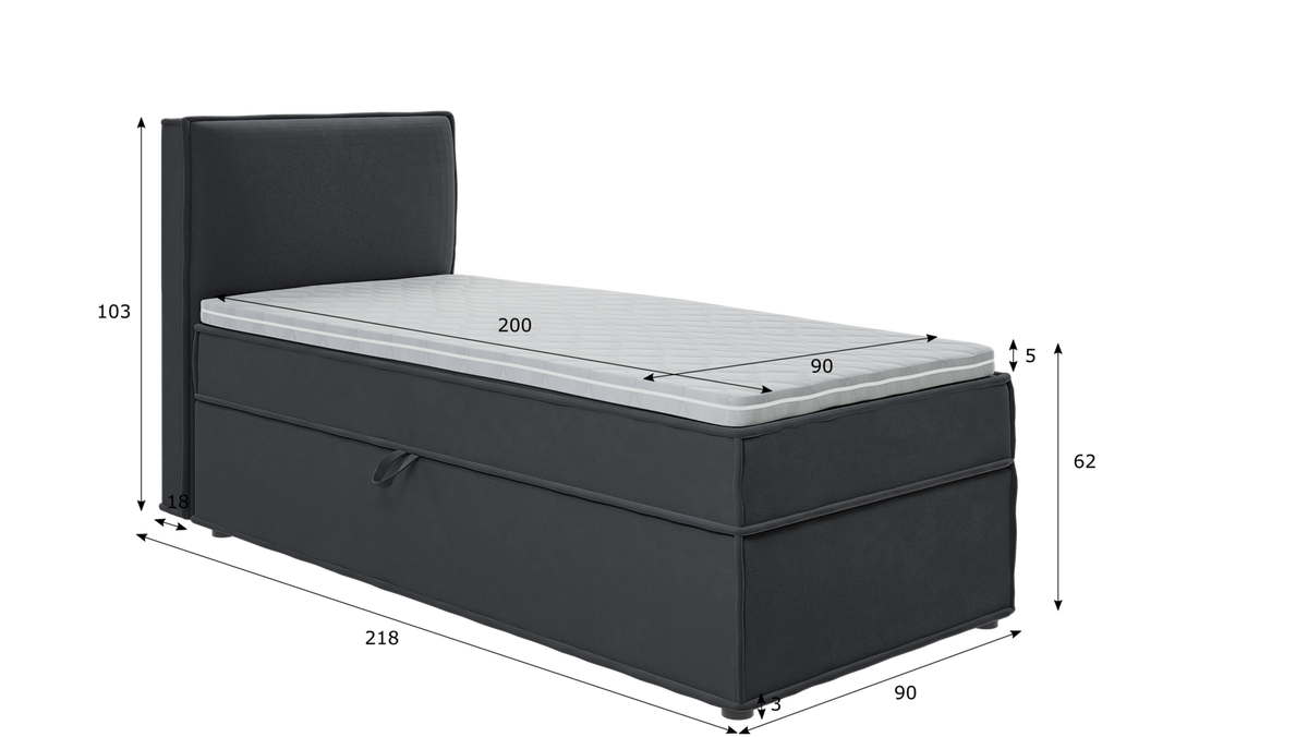 BOXBETT Eclipse 90/200 cm Graphit Luxusmicrofaser - Graphitfarben/Schwarz, Holz/Kunststoff (90/200cm) - S-Style Möbel
