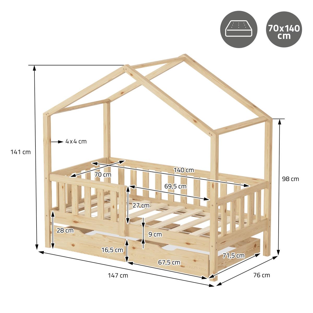 HAUSBETT mit Matratze 70x140 cm und 2 Schubladen Natur aus Kiefernholz - Beige, Holz (70/140cm) - ML-DESIGN