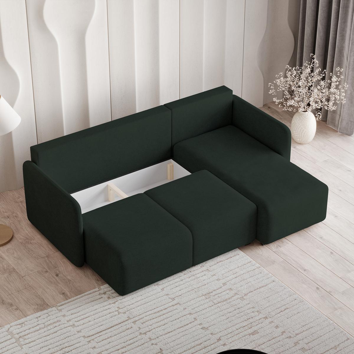ECKSOFA SUVINO Grün Geflochtener Stoff mit Schlaffunktion - Grün, Holz (230/143cm) - MASSENO