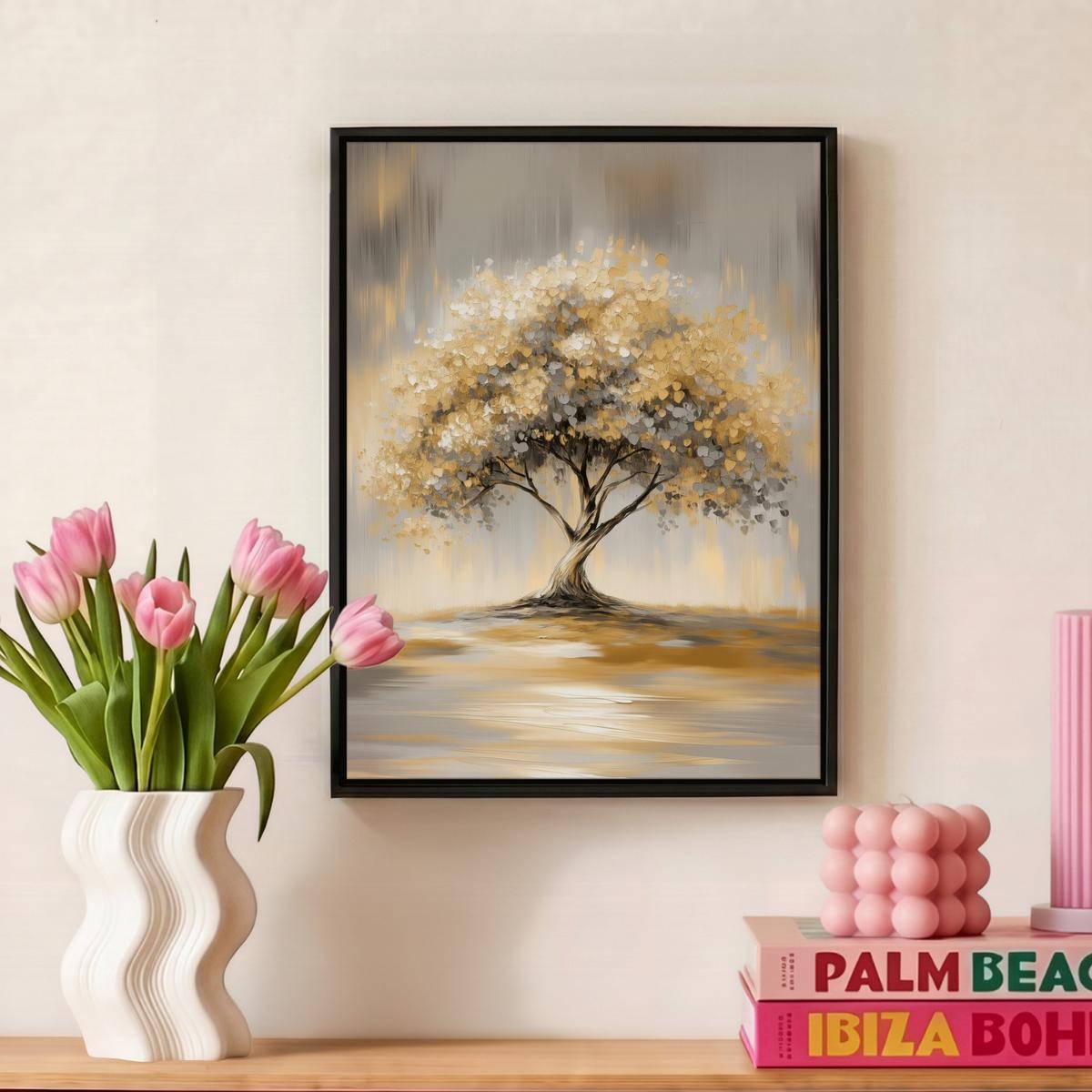 LEINWAND Bilder mit Rahmen - Gemälde - Baum - Abstrakt - Blätter - 30x40 - Beige, Textil (30/40cm) - MuchoWow