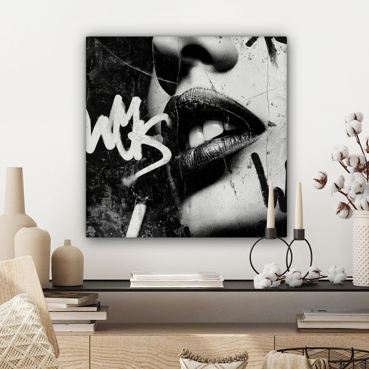 LEINWANDBILD Gesicht - Mund - Graffiti - Schwarz Wandbild Wohnzimmer 50x50 cm - Schwarz, Textil (50/50cm) - MuchoWow