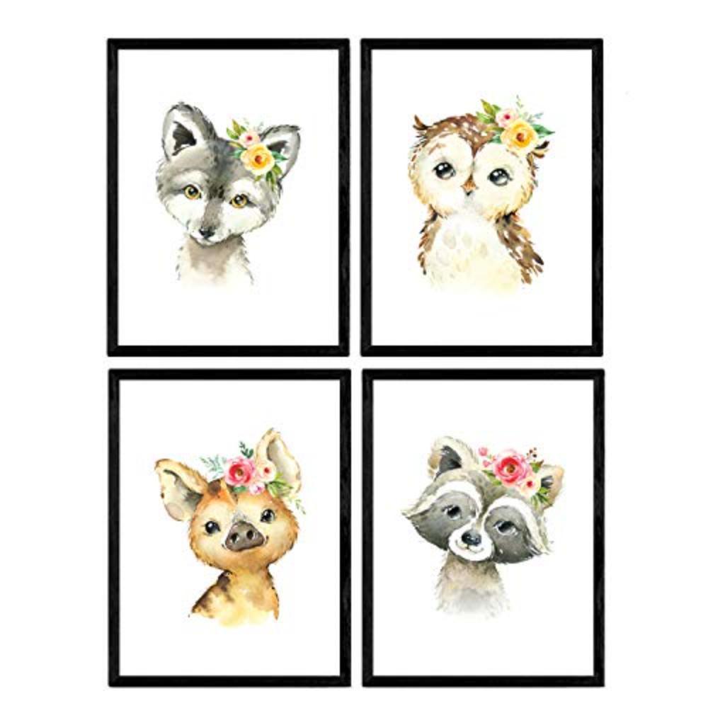 POSTER Set mit 4 Hyena Stinktier Eule Fuchs A3 Schwarzer Rahmen - Schwarz, Papier (29.7/3cm) - Nacnic