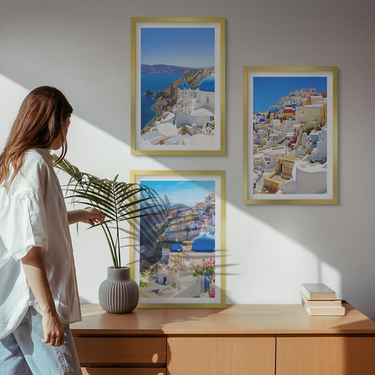 BILDER SET 3er Set - 40x60 cm Goldrahmen - Landschaftsarchitektur Oia Santorini - Goldfarben, Kunststoff (40/60cm) - TULUP