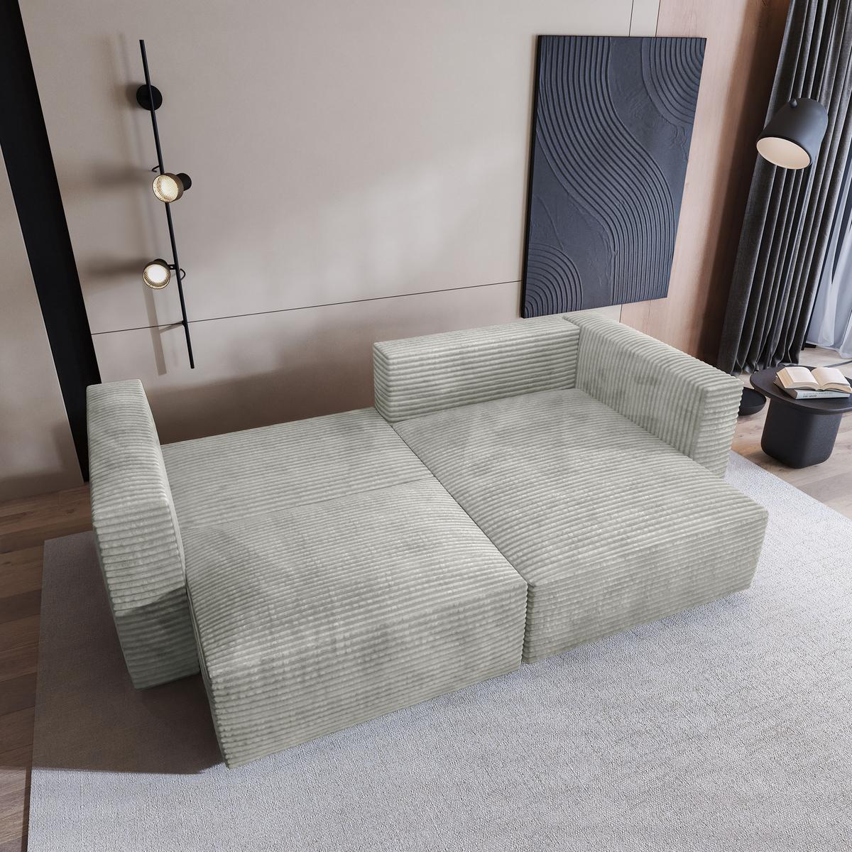 ECKSOFA NERIO Hellgrau Kordstoff mit Schlaffunktion - Hellgrau, Holz (245/148cm) - MASSENO