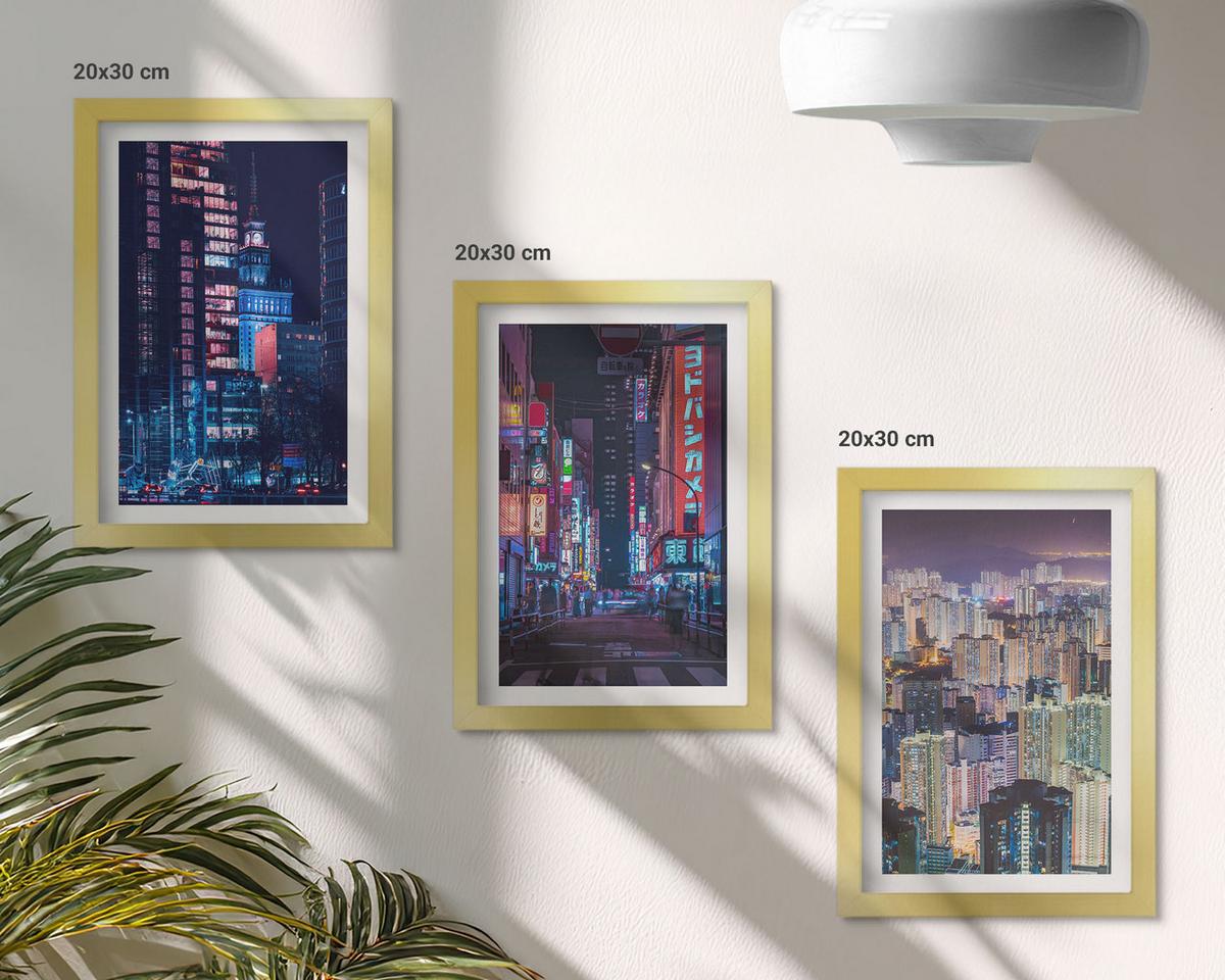 BILDER SET 3er Set - 20x30 cm Goldrahmen - Neonlichter der nächtlichen Stadt - Goldfarben, Kunststoff (20/30cm) - TULUP
