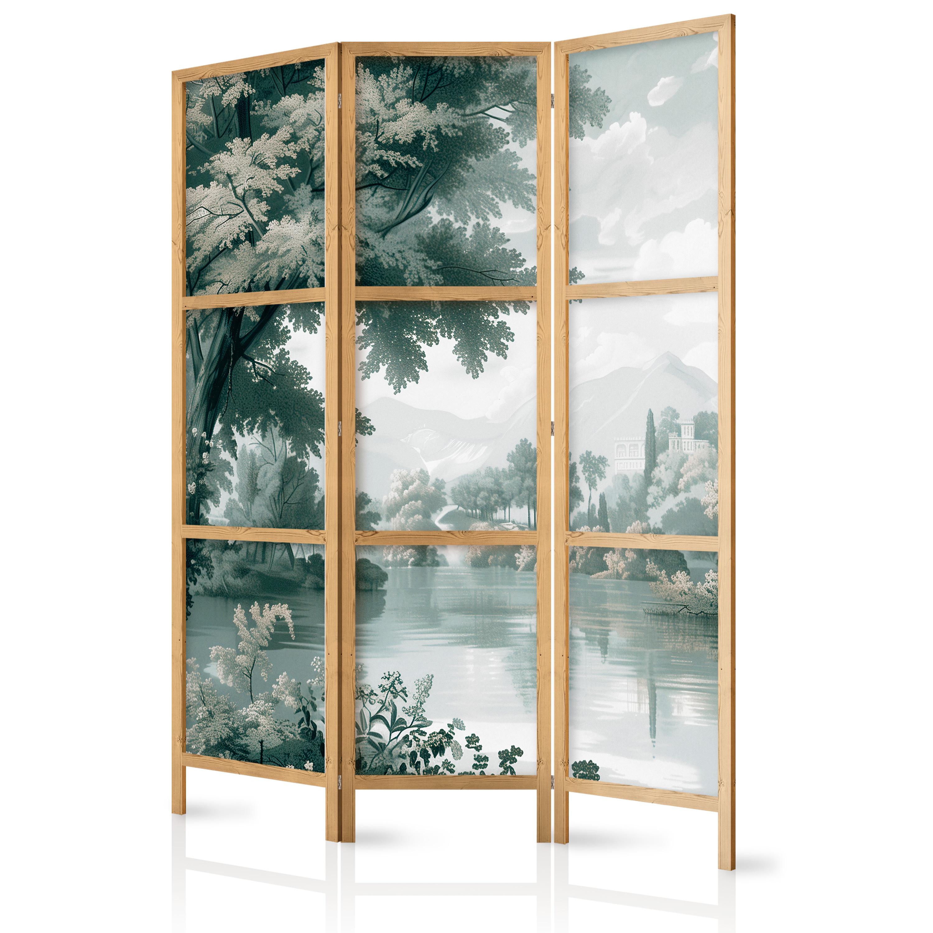 PARAVENT Japanischer 3-tlg 135x172 cm Gr ne Landschaft - Grün, Holz/Textil (135/172/3cm) - Muralo