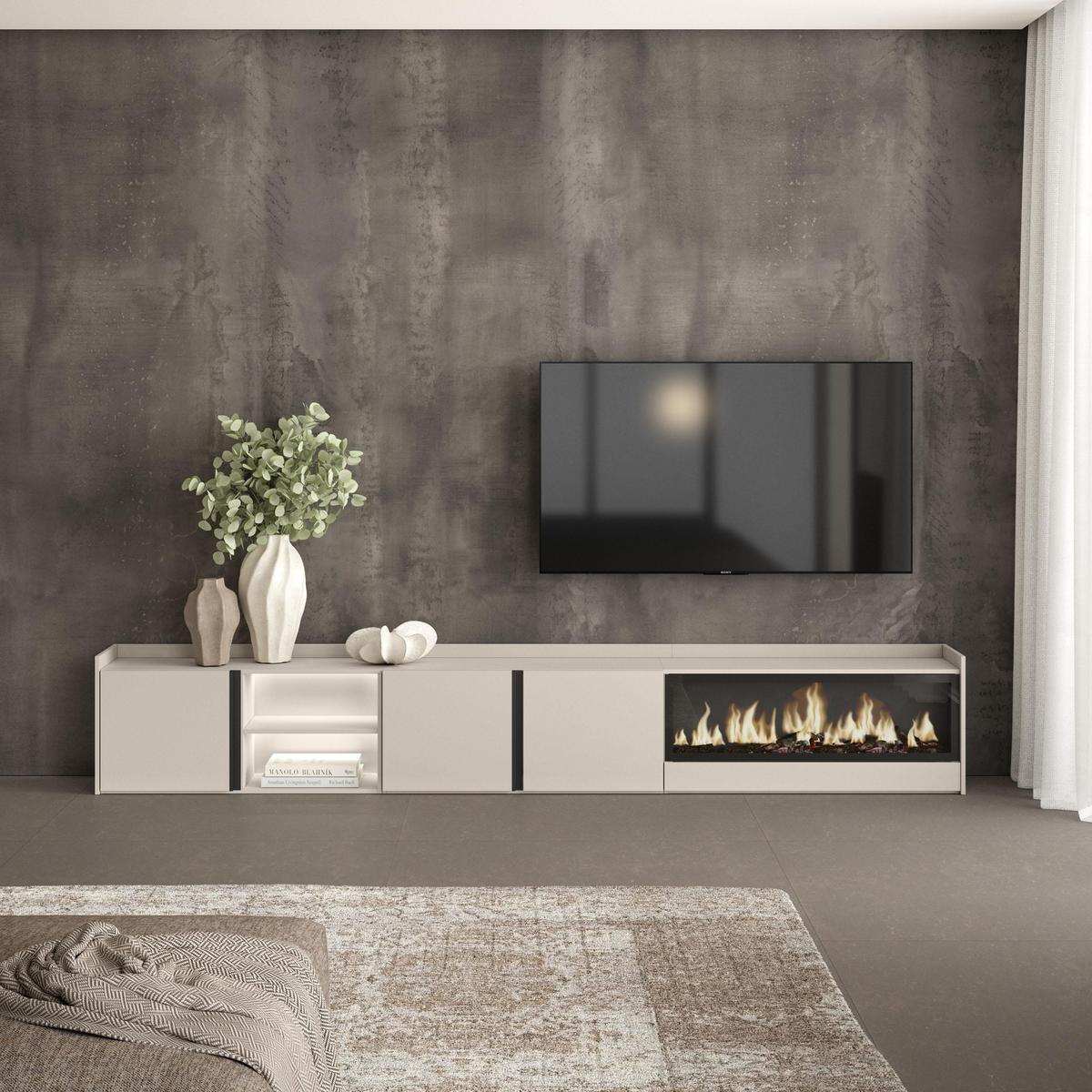 LOWBOARD, Beige, 315/35/50cm, Kamin mit Feuereffekt XXL - Beige, Holzwerkstoff (315/50/35cm) - Skraut Home