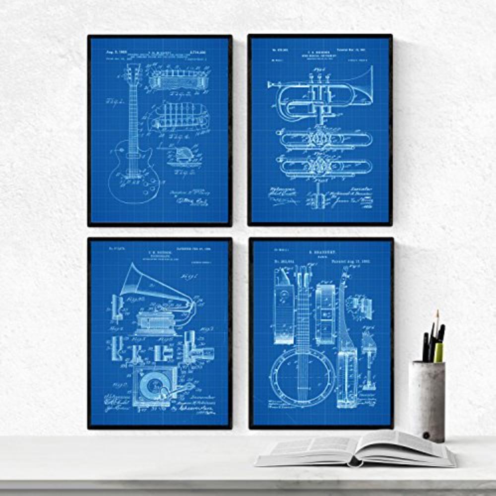 POSTER Set mit 4 Blau MusikPatenten A4 Schwarzer Rahmen - Schwarz, Papier (29.7/3cm) - Nacnic