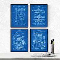 POSTER Set mit 4 Blau MusikPatenten A4 Schwarzer Rahmen - Schwarz, Papier (29.7/3cm) - Nacnic