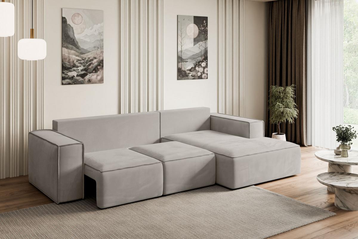ECKSOFA mit Schlaffunktion und Bettkasten SERRA-L-S - 266x161x87 cm Hellbraun Velours - Hellbraun/Schwarz, Holzwerkstoff/Kunststoff (266/161cm) - ALTDECOR