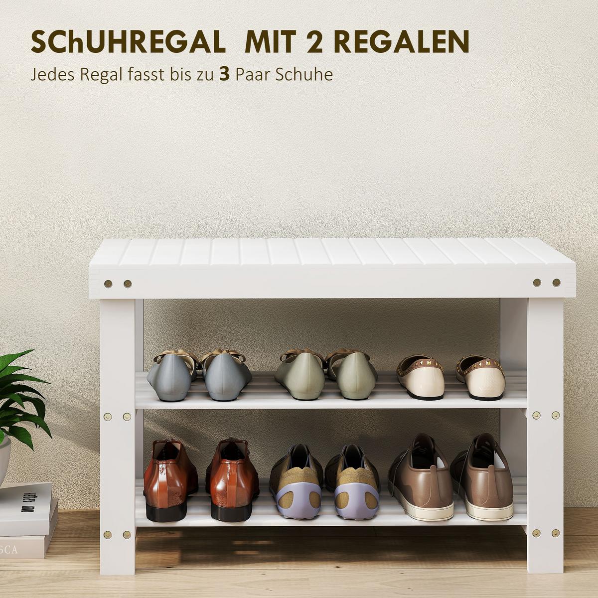 SCHUHBANK aus Bambus mit 2 Ablagen, Sitzbank mit Stauraum 70x28x45 cm, Weiß - Weiß, Naturmaterialien (28/45/70cm) - HOMCOM