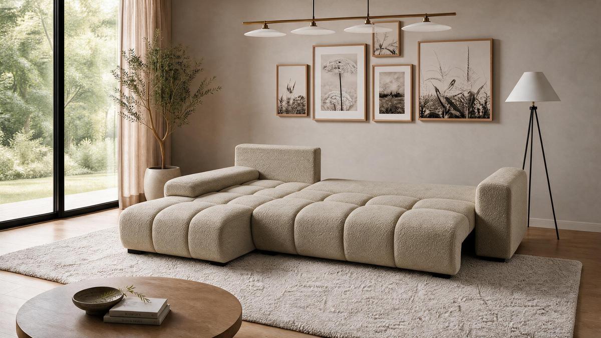 ECKSOFA Ovia mit Bettkasten und Schlaffunktion, Bouclé-Stoff in L-Form - Cappuccino, Textil (270/185cm)