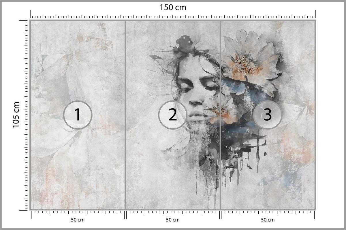 FOTOTAPETE für Wohnzimmer Gesicht Frau Grau Betonwand Blumen 150x105 - Grau, Papier (150/105cm) - Muralo