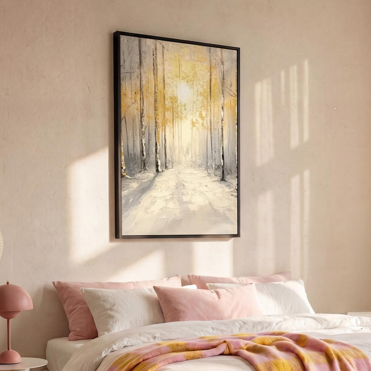 LEINWAND Bilder mit Rahmen - Winter - Abstrakt - Schnee - Natur - Sonne - 90x140 - Grau, Textil (90/140cm) - MuchoWow
