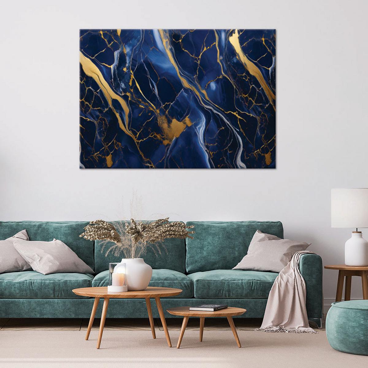 LEINWANDBILD Blauer Marmor mit Gold Lofty 90x60cm - Blau, Textil (90/60cm) - Feeby