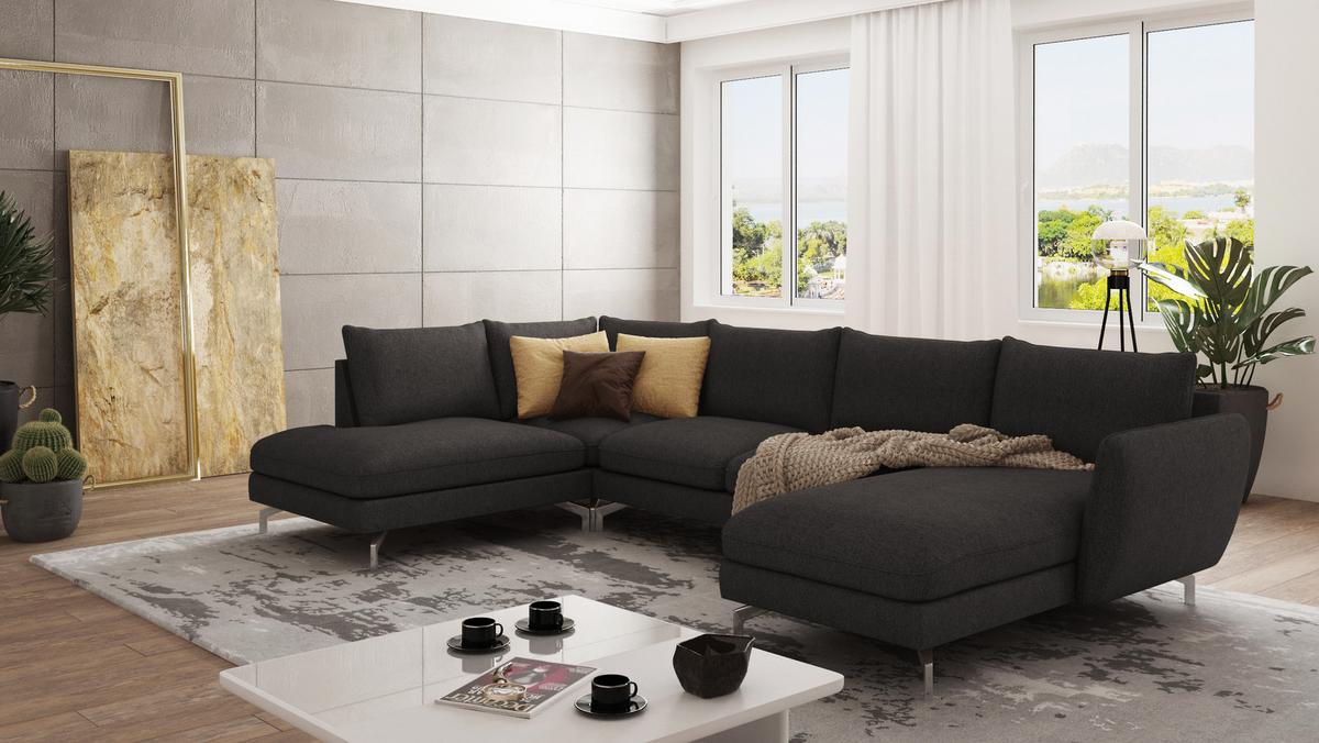 WOHNLANDSCHAFT Elou Graphit Luxusmicrofaser - Chromfarben/Graphitfarben, Textil/Metall (336/87/200cm) - S-Style Möbel