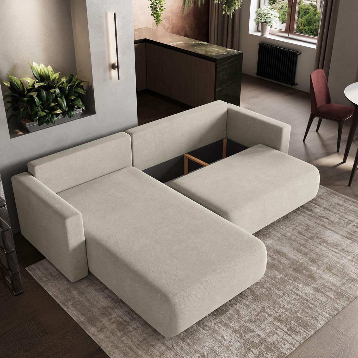 ECKSOFA TURIN Creme Geflochtener Stoff mit Schlaffunktion - Creme, Holz (265/183cm) - MASSENO