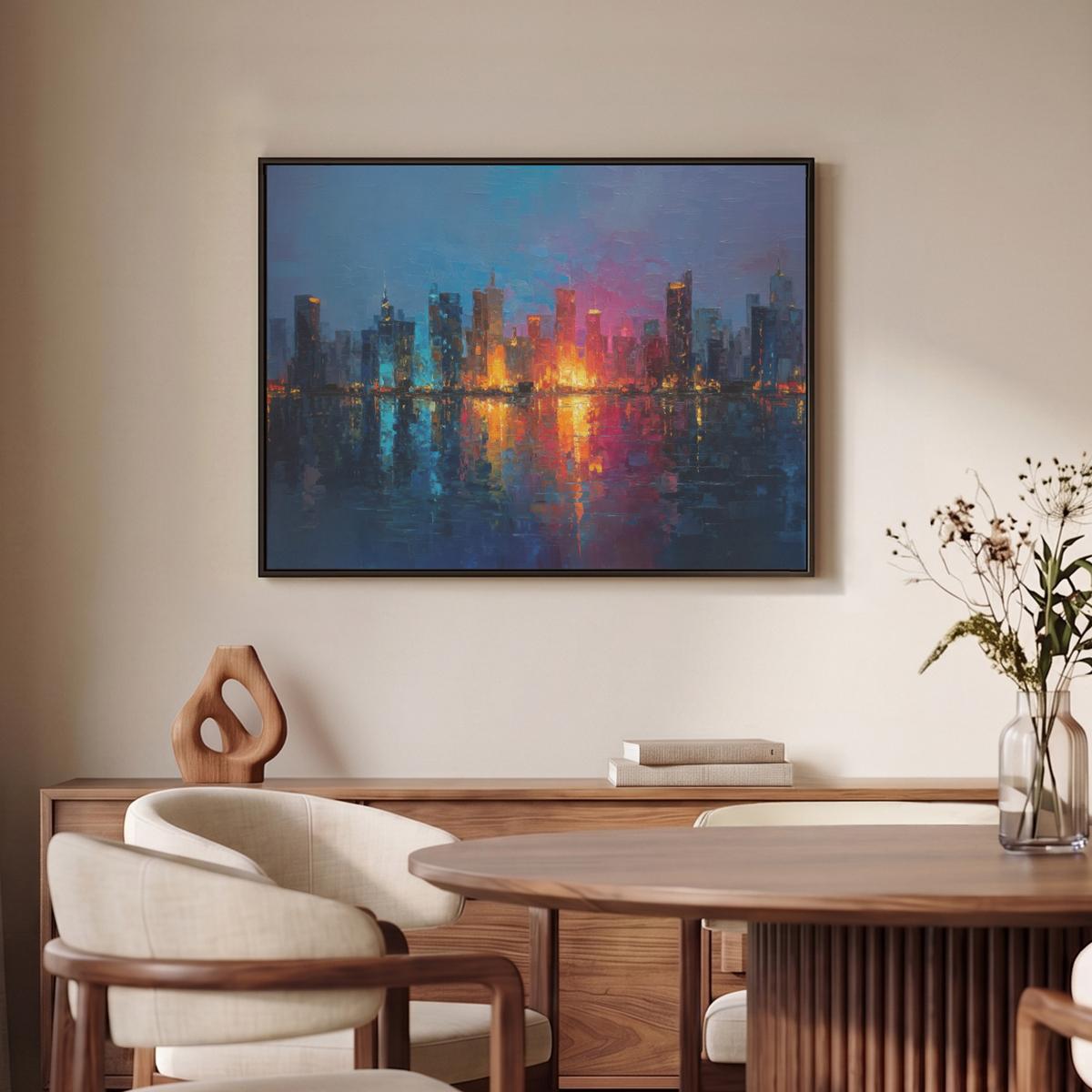 LEINWAND Bilder mit Rahmen - Skyline - Pinselstriche - Dunkelblau - Leuchtend - 80x60 - Blau, Textil (80/60cm) - MuchoWow