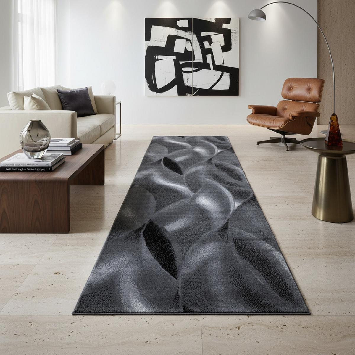 TEPPICH Kurzflor INN in Schwarz, mit abstraktem Wellenmuster, 80 x 300 cm - Schwarz, Textil (80/300cm) - KADIMA DESIGN