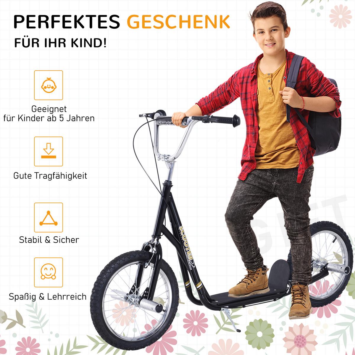 KINDERROLLER mit Luftreifen Scooter Roller Kinder Roller Kickboard 16'' Schwarz - Schwarz, Metall (143/58/100cm) - HOMCOM