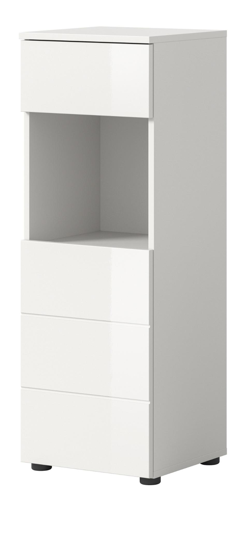 BADSCHRANK weiß Hochglanz 38 x 106 cm, Badezimmer Kommode mit Schubkasten - Weiß Hochglanz/Schwarz, Holzwerkstoff/Kunststoff (38/106/34cm) - Inn.Furn
